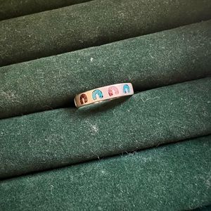 Coral & Turquoise Chip Ring, Pewter Cast, Size 8